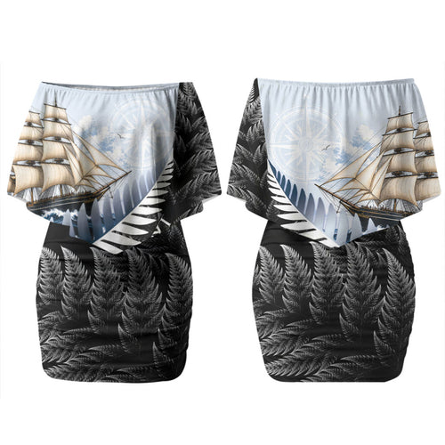 Personalised New Zealand Pakeha Family Matching Off Shoulder Short Dress and Hawaiian Shirt Kiwi Silver Fern and Sailing Ship Compass
