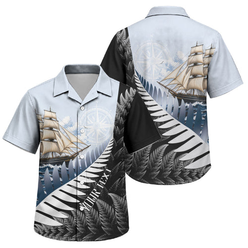 Personalised New Zealand Pakeha Family Matching Off Shoulder Short Dress and Hawaiian Shirt Kiwi Silver Fern and Sailing Ship Compass