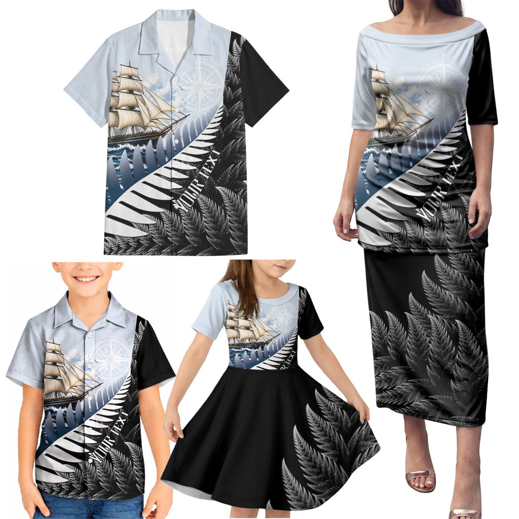 Personalised New Zealand Pakeha Family Matching Puletasi and Hawaiian Shirt Kiwi Silver Fern and Sailing Ship Compass