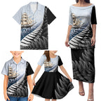 Personalised New Zealand Pakeha Family Matching Puletasi and Hawaiian Shirt Kiwi Silver Fern and Sailing Ship Compass