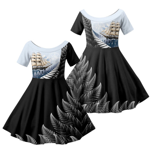 Personalised New Zealand Pakeha Family Matching Puletasi and Hawaiian Shirt Kiwi Silver Fern and Sailing Ship Compass