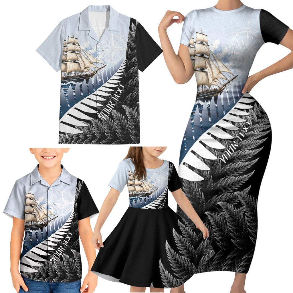 Personalised New Zealand Pakeha Family Matching Short Sleeve Bodycon Dress and Hawaiian Shirt Kiwi Silver Fern and Sailing Ship Compass