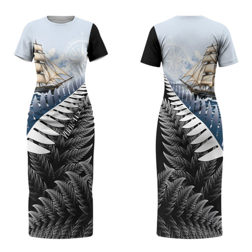 Personalised New Zealand Pakeha Family Matching Short Sleeve Bodycon Dress and Hawaiian Shirt Kiwi Silver Fern and Sailing Ship Compass