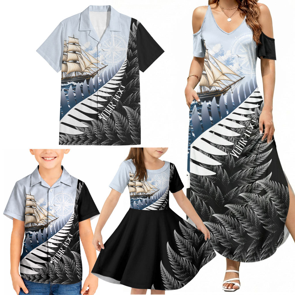 Personalised New Zealand Pakeha Family Matching Summer Maxi Dress and Hawaiian Shirt Kiwi Silver Fern and Sailing Ship Compass