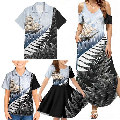 Personalised New Zealand Pakeha Family Matching Summer Maxi Dress and Hawaiian Shirt Kiwi Silver Fern and Sailing Ship Compass