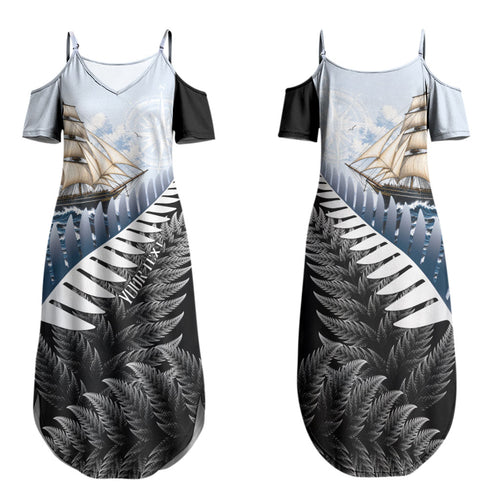 Personalised New Zealand Pakeha Family Matching Summer Maxi Dress and Hawaiian Shirt Kiwi Silver Fern and Sailing Ship Compass