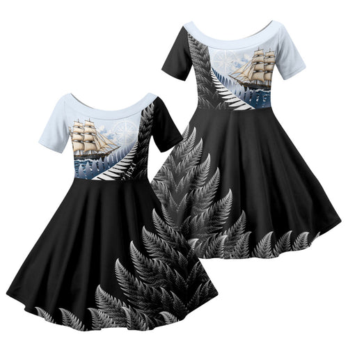 Personalised New Zealand Pakeha Family Matching Summer Maxi Dress and Hawaiian Shirt Kiwi Silver Fern and Sailing Ship Compass