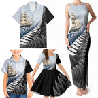 Personalised New Zealand Pakeha Family Matching Tank Maxi Dress and Hawaiian Shirt Kiwi Silver Fern and Sailing Ship Compass