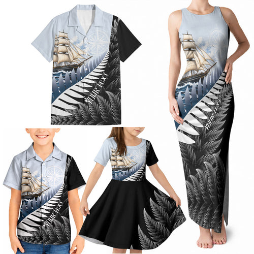 Personalised New Zealand Pakeha Family Matching Tank Maxi Dress and Hawaiian Shirt Kiwi Silver Fern and Sailing Ship Compass