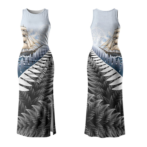 Personalised New Zealand Pakeha Family Matching Tank Maxi Dress and Hawaiian Shirt Kiwi Silver Fern and Sailing Ship Compass
