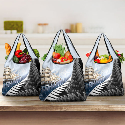Personalised New Zealand Pakeha Grocery Bag Kiwi Silver Fern and Sailing Ship Compass