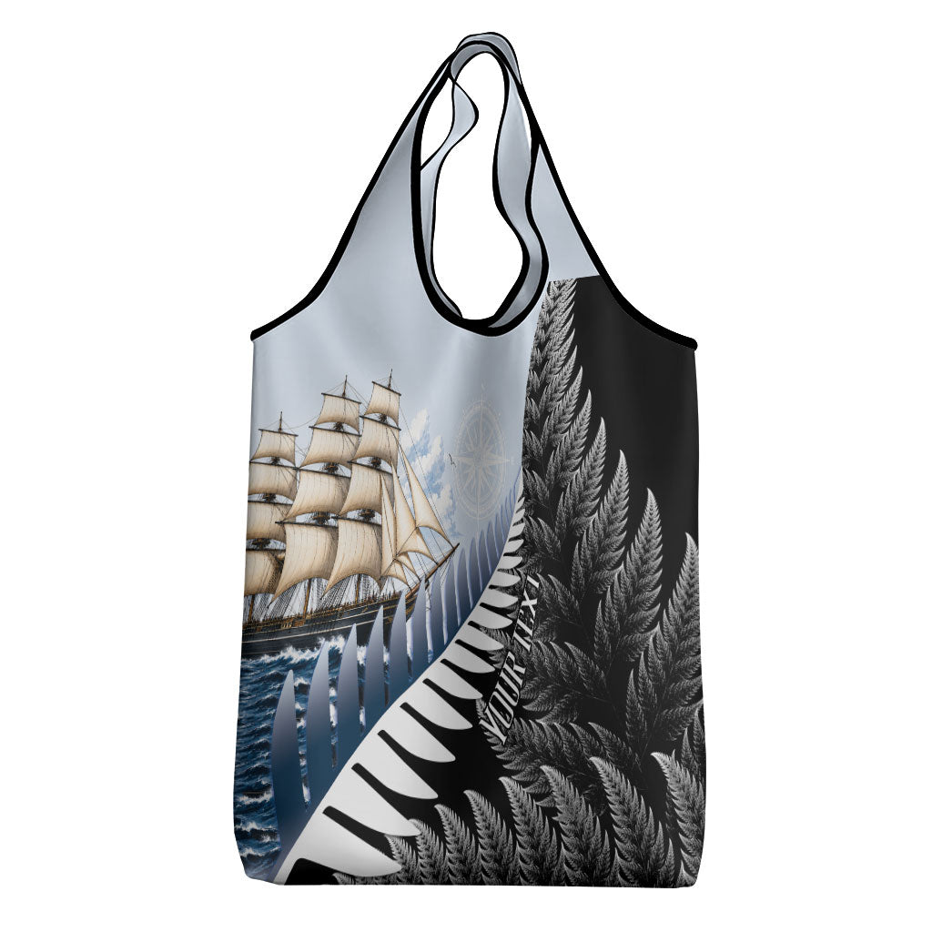 Personalised New Zealand Pakeha Grocery Bag Kiwi Silver Fern and Sailing Ship Compass