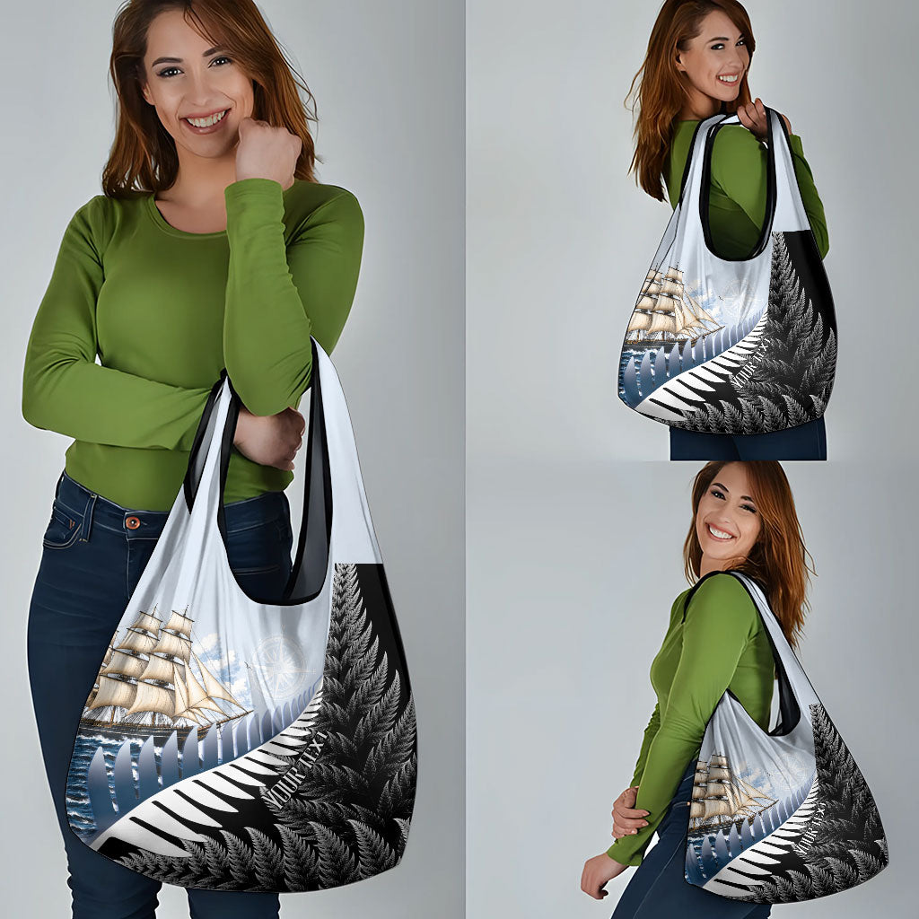 Personalised New Zealand Pakeha Grocery Bag Kiwi Silver Fern and Sailing Ship Compass