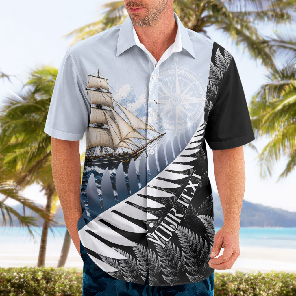 Personalised New Zealand Pakeha Hawaiian Shirt Kiwi Silver Fern and Sailing Ship Compass