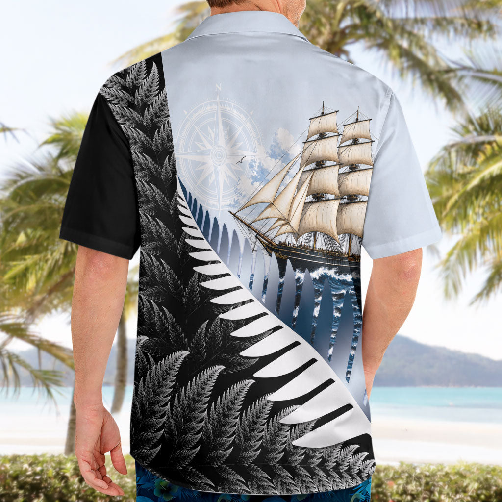 Personalised New Zealand Pakeha Hawaiian Shirt Kiwi Silver Fern and Sailing Ship Compass