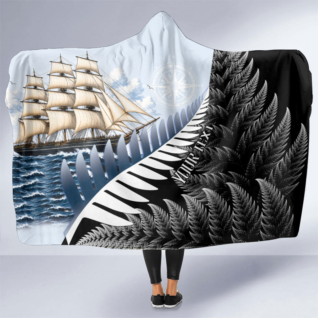 Personalised New Zealand Pakeha Hooded Blanket Kiwi Silver Fern and Sailing Ship Compass