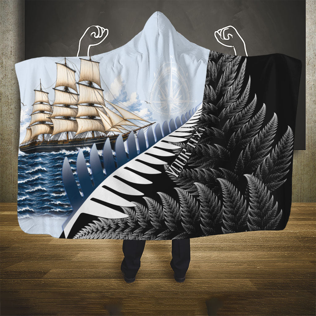 Personalised New Zealand Pakeha Hooded Blanket Kiwi Silver Fern and Sailing Ship Compass