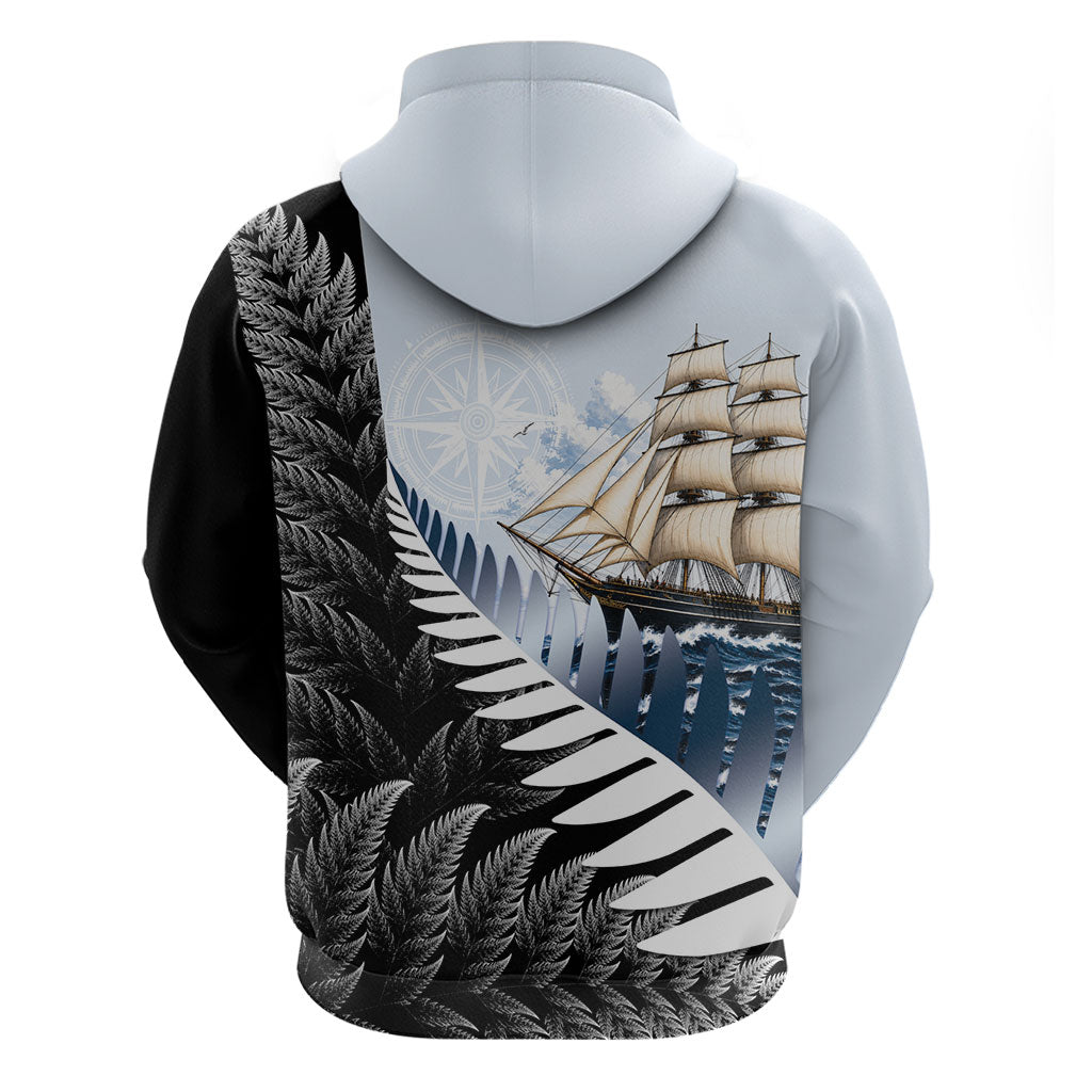 Personalised New Zealand Pakeha Hoodie Kiwi Silver Fern and Sailing Ship Compass