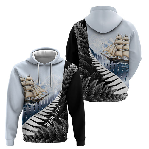 Personalised New Zealand Pakeha Hoodie Kiwi Silver Fern and Sailing Ship Compass