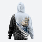 Personalised New Zealand Pakeha Hoodie Kiwi Silver Fern and Sailing Ship Compass
