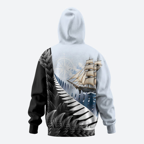 Personalised New Zealand Pakeha Hoodie Kiwi Silver Fern and Sailing Ship Compass