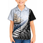 Personalised New Zealand Pakeha Kid Hawaiian Shirt Kiwi Silver Fern and Sailing Ship Compass