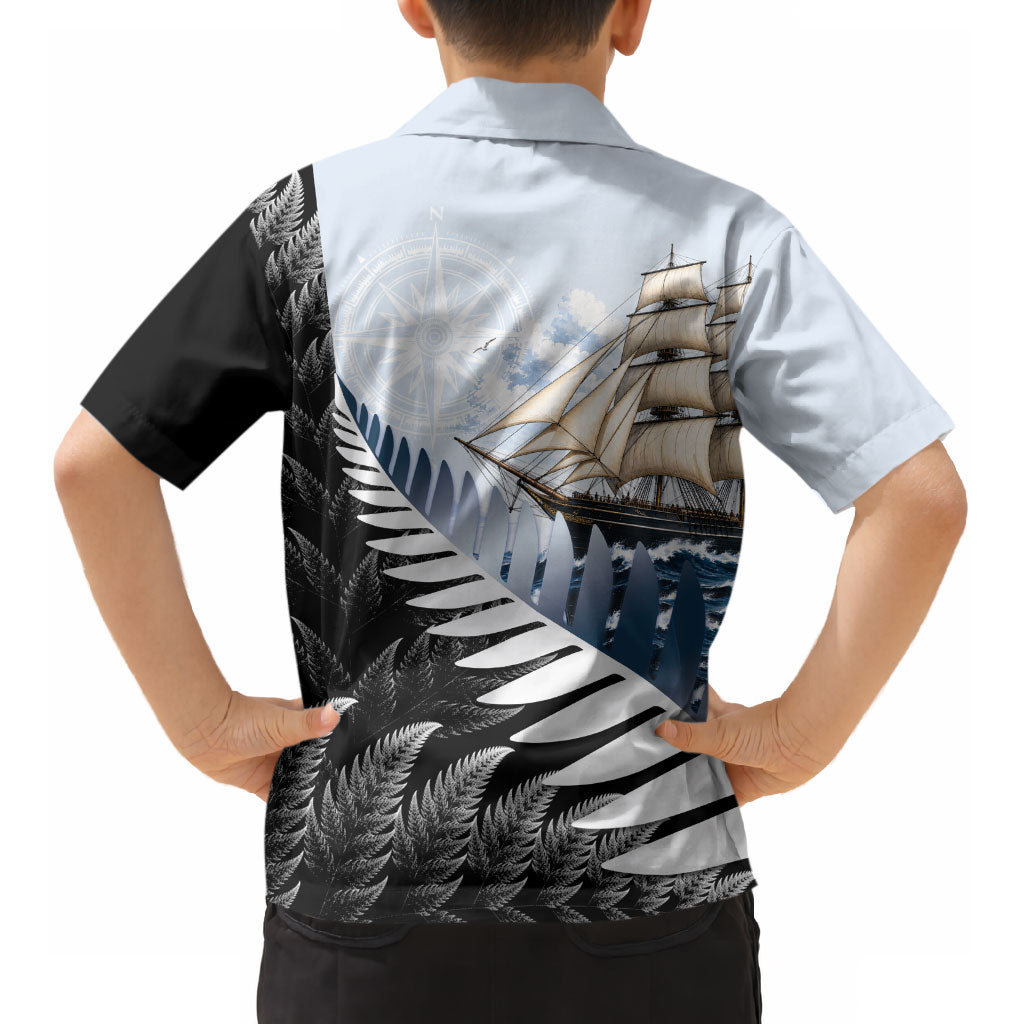 Personalised New Zealand Pakeha Kid Hawaiian Shirt Kiwi Silver Fern and Sailing Ship Compass