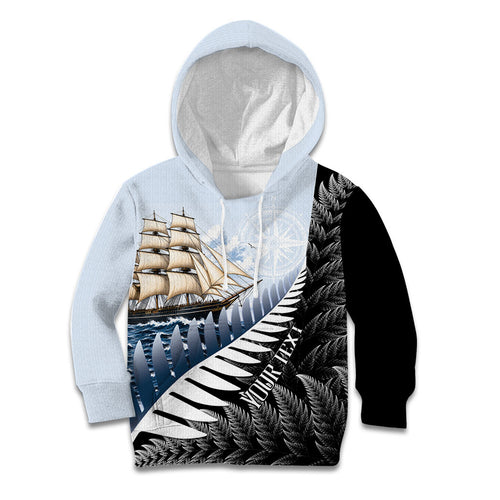 Personalised New Zealand Pakeha Kid Hoodie Kiwi Silver Fern and Sailing Ship Compass