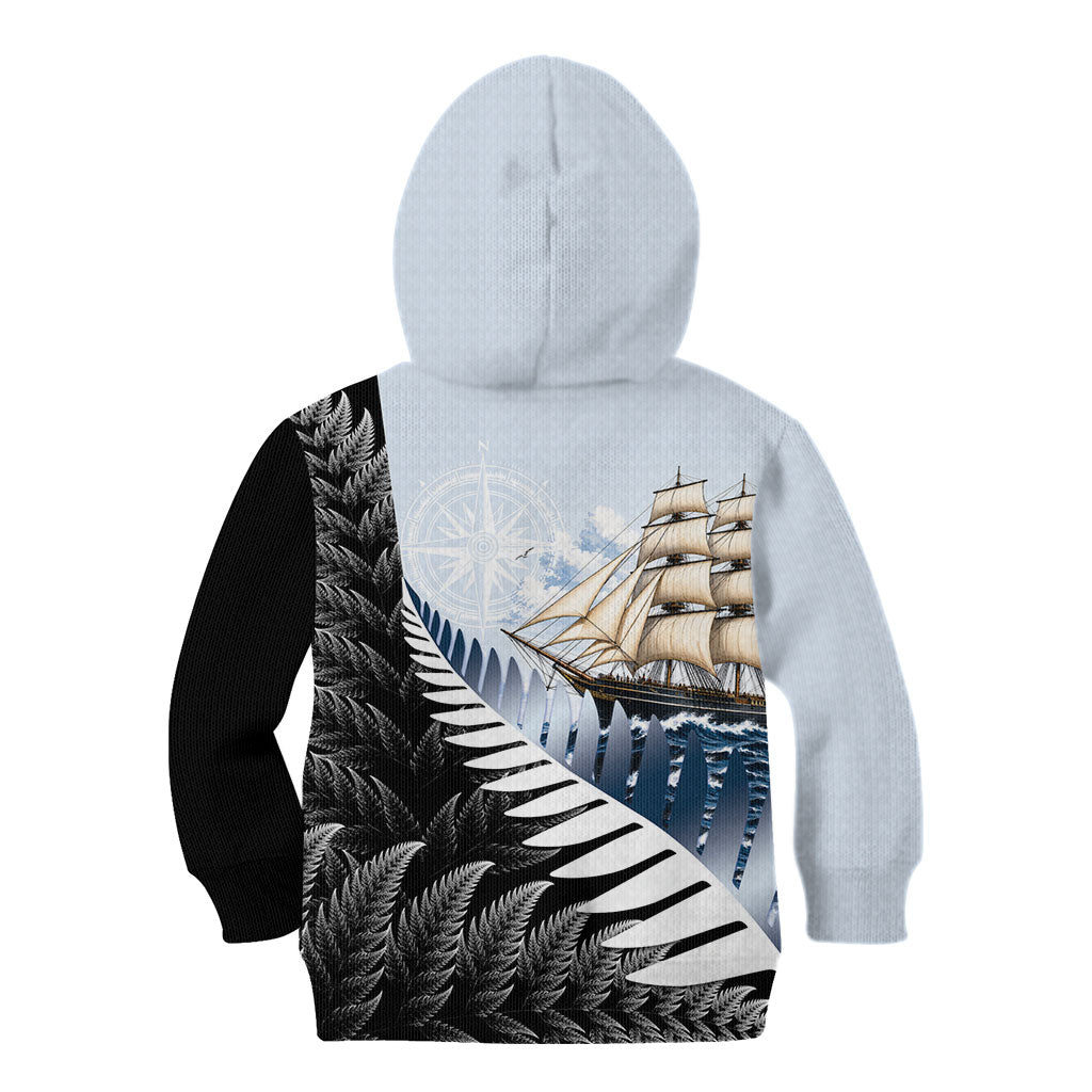 Personalised New Zealand Pakeha Kid Hoodie Kiwi Silver Fern and Sailing Ship Compass