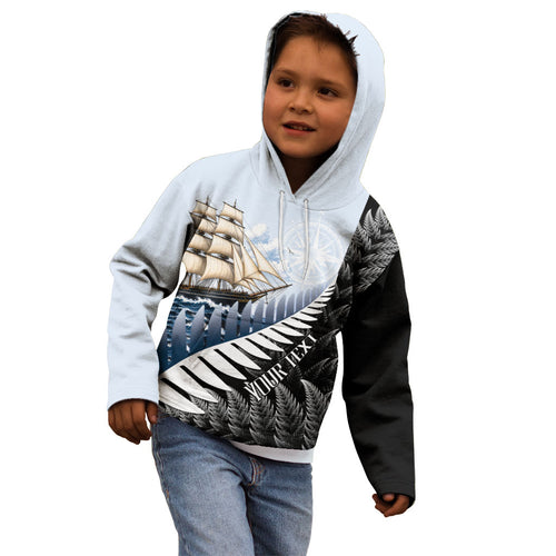 Personalised New Zealand Pakeha Kid Hoodie Kiwi Silver Fern and Sailing Ship Compass