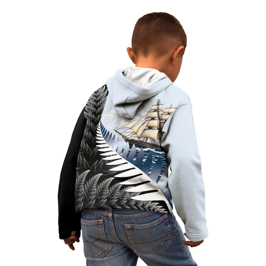 Personalised New Zealand Pakeha Kid Hoodie Kiwi Silver Fern and Sailing Ship Compass