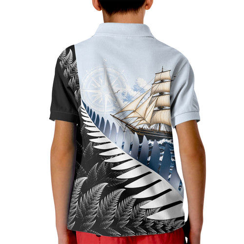 Personalised New Zealand Pakeha Kid Polo Shirt Kiwi Silver Fern and Sailing Ship Compass