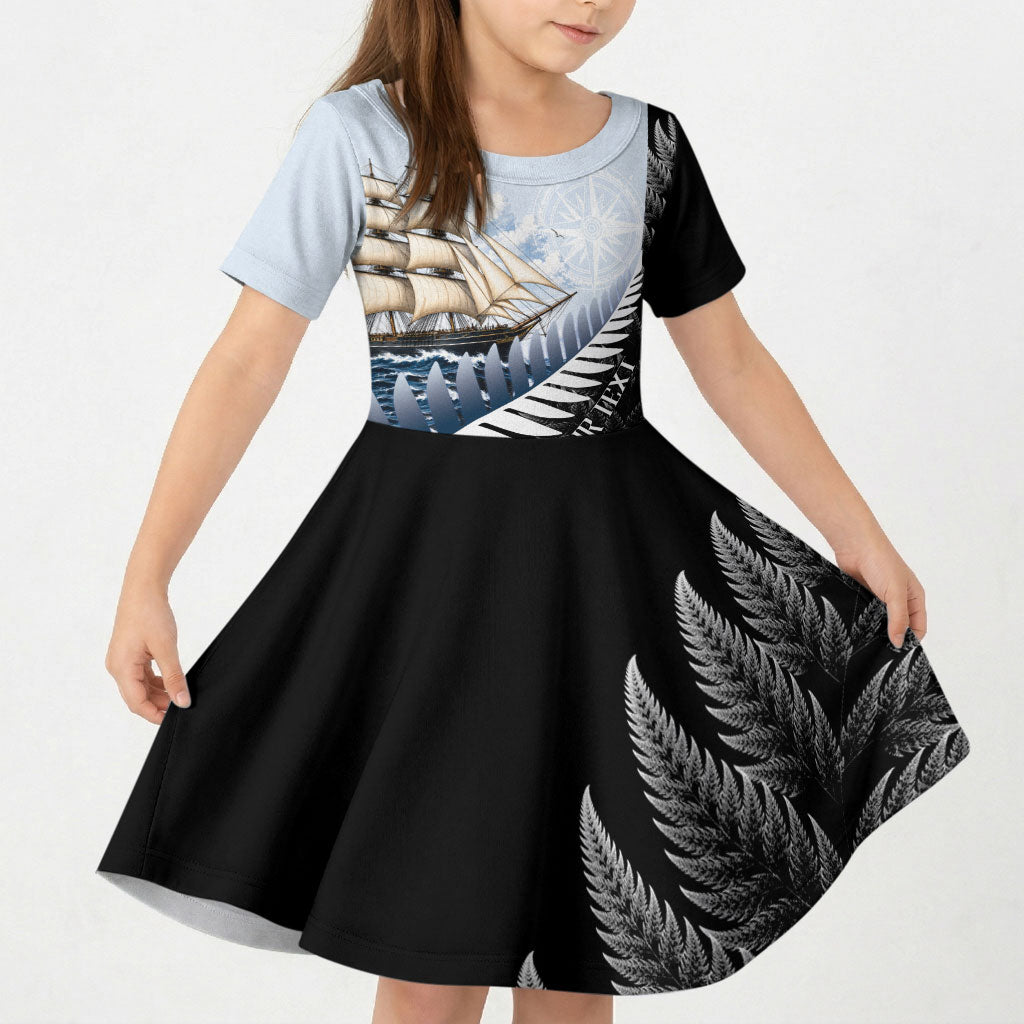 Personalised New Zealand Pakeha Kid Short Sleeve Dress Kiwi Silver Fern and Sailing Ship Compass
