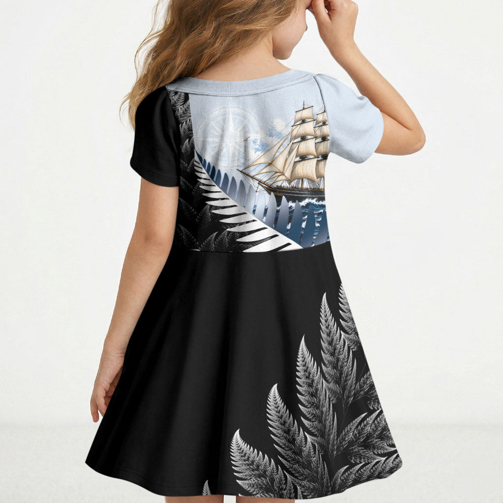 Personalised New Zealand Pakeha Kid Short Sleeve Dress Kiwi Silver Fern and Sailing Ship Compass