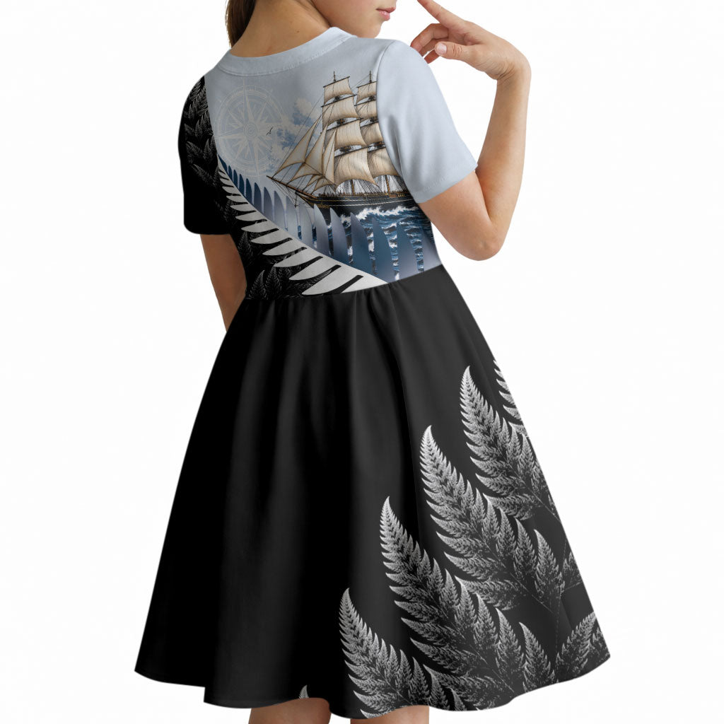 Personalised New Zealand Pakeha Kid Short Sleeve Dress Kiwi Silver Fern and Sailing Ship Compass