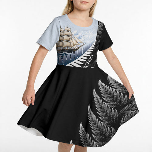 Personalised New Zealand Pakeha Kid Short Sleeve Dress Kiwi Silver Fern and Sailing Ship Compass