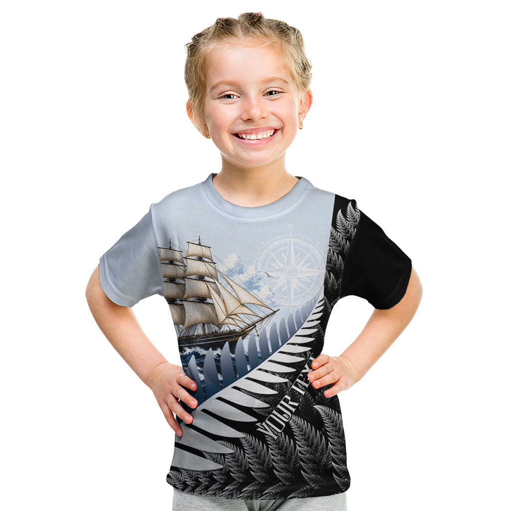 Personalised New Zealand Pakeha Kid T Shirt Kiwi Silver Fern and Sailing Ship Compass