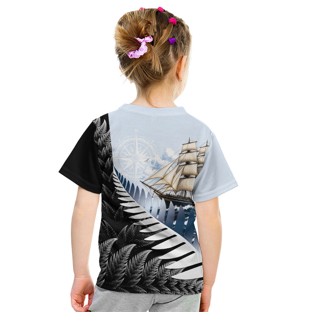 Personalised New Zealand Pakeha Kid T Shirt Kiwi Silver Fern and Sailing Ship Compass