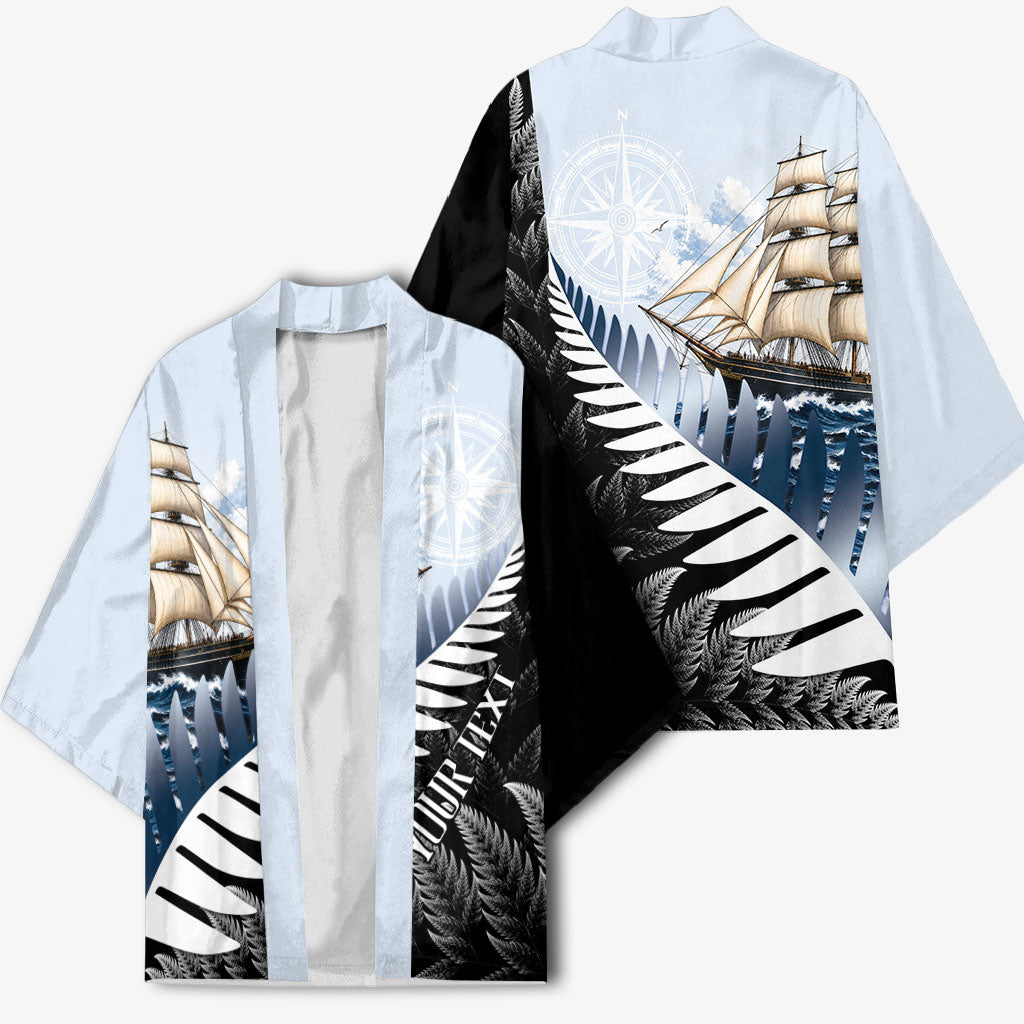 Personalised New Zealand Pakeha Kimono Kiwi Silver Fern and Sailing Ship Compass