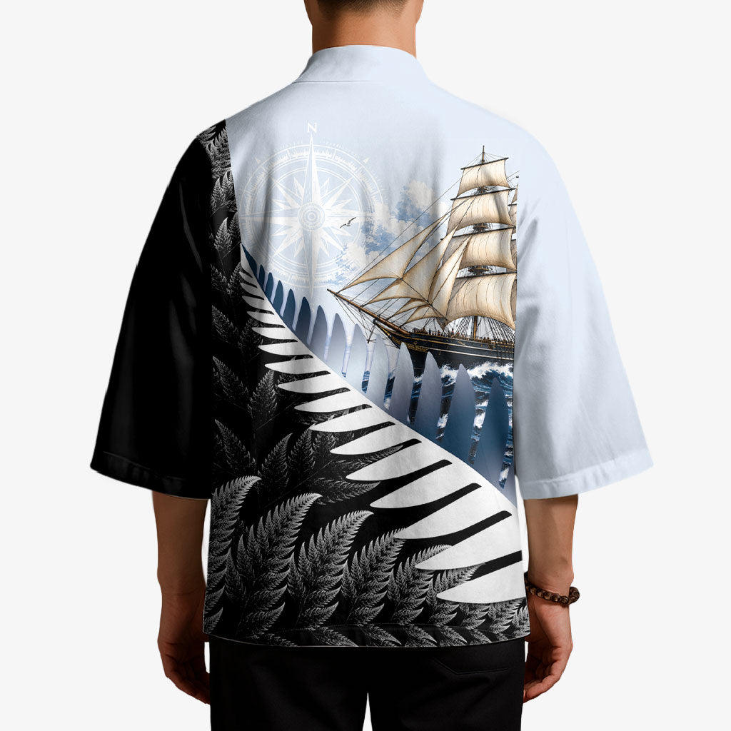 Personalised New Zealand Pakeha Kimono Kiwi Silver Fern and Sailing Ship Compass
