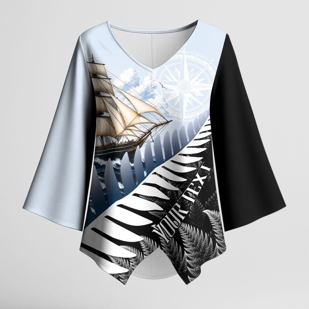 Personalised New Zealand Pakeha Kimono Sleeve Blouse Kiwi Silver Fern and Sailing Ship Compass