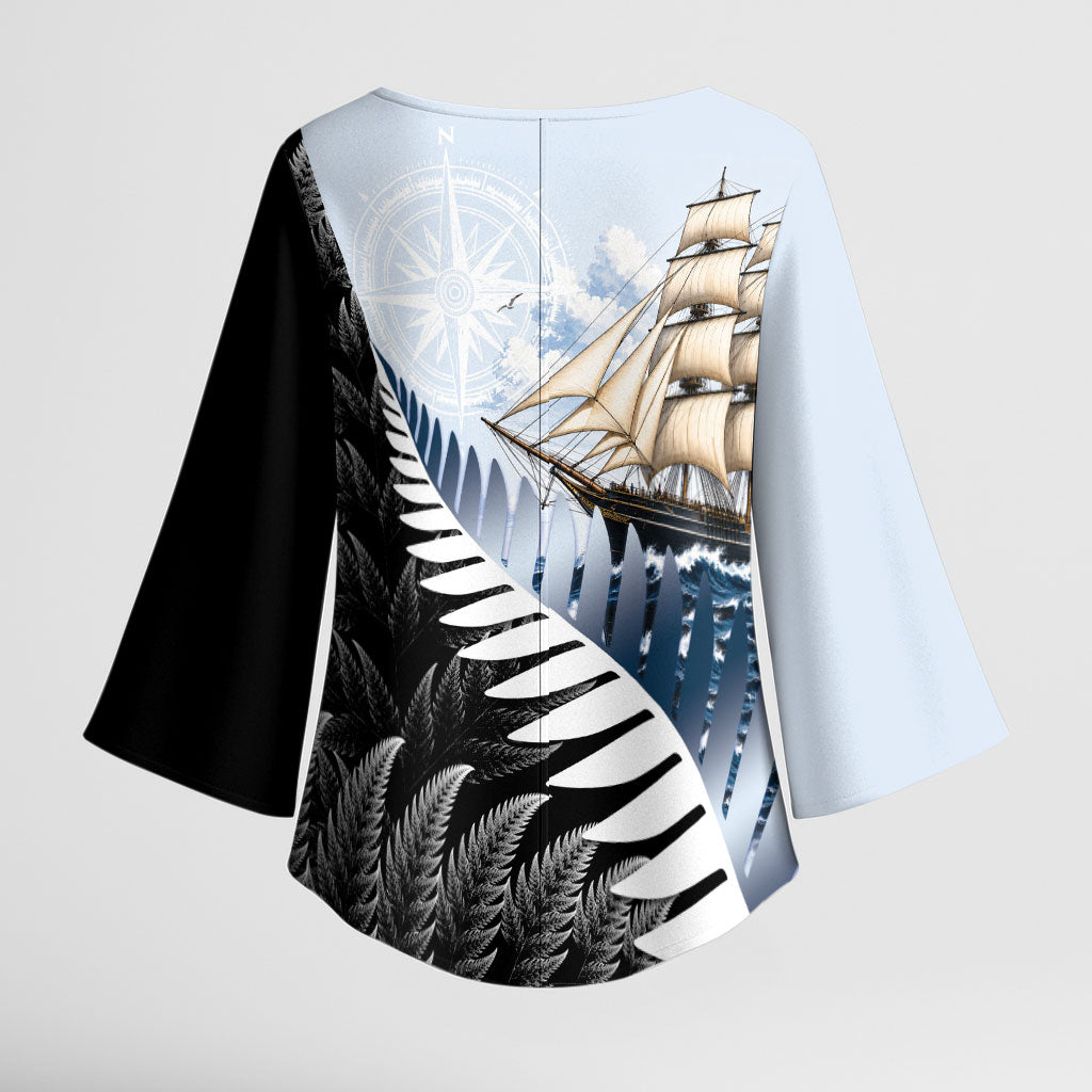 Personalised New Zealand Pakeha Kimono Sleeve Blouse Kiwi Silver Fern and Sailing Ship Compass