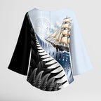 Personalised New Zealand Pakeha Kimono Sleeve Blouse Kiwi Silver Fern and Sailing Ship Compass