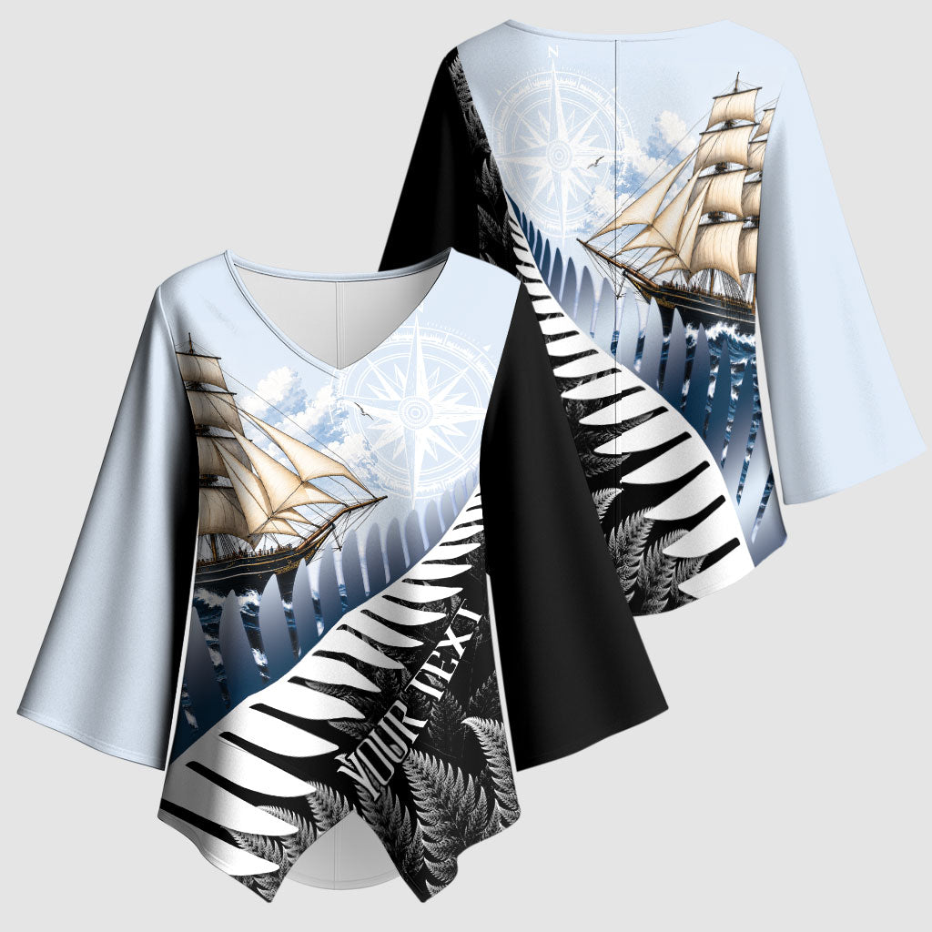 Personalised New Zealand Pakeha Kimono Sleeve Blouse Kiwi Silver Fern and Sailing Ship Compass