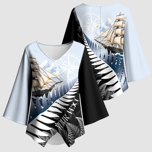 Personalised New Zealand Pakeha Kimono Sleeve Blouse Kiwi Silver Fern and Sailing Ship Compass