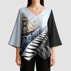 Personalised New Zealand Pakeha Kimono Sleeve Blouse Kiwi Silver Fern and Sailing Ship Compass