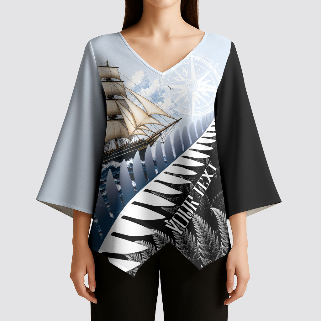 Personalised New Zealand Pakeha Kimono Sleeve Blouse Kiwi Silver Fern and Sailing Ship Compass