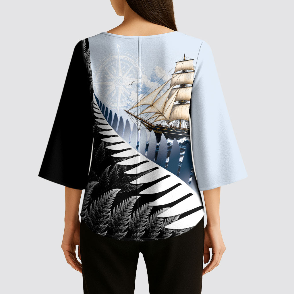 Personalised New Zealand Pakeha Kimono Sleeve Blouse Kiwi Silver Fern and Sailing Ship Compass