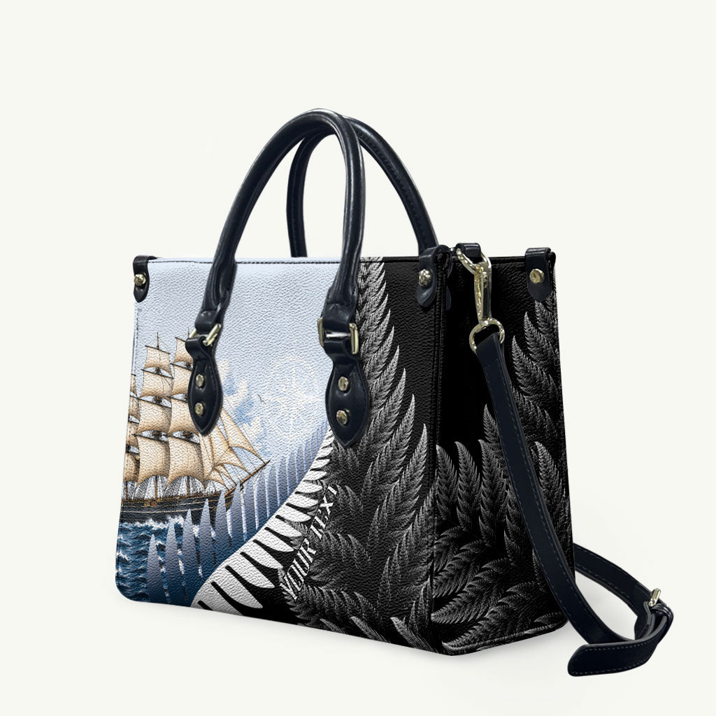 Personalised New Zealand Pakeha Leather Bag Kiwi Silver Fern and Sailing Ship Compass