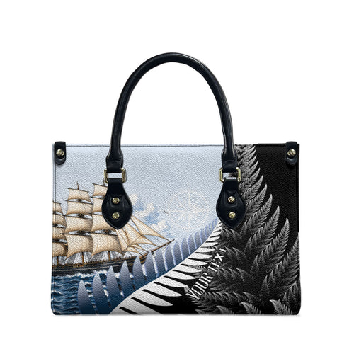 Personalised New Zealand Pakeha Leather Bag Kiwi Silver Fern and Sailing Ship Compass